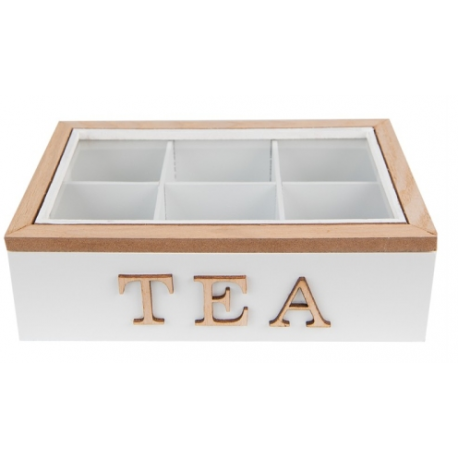 Fa teásdoboz üveg tetővel 6 fakkos Tea feliratta