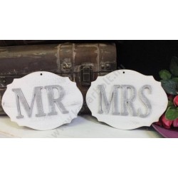 Fa "Mr & Mrs" vintage tábla fehér-szürke
